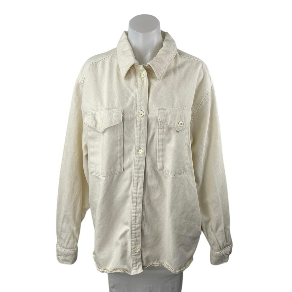 Triarchy Women's Cream Long Sleeve Denim Utility Button Down Shirt Top Size S